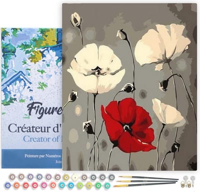 Figured'Art Schilderen op Nummer Volwassenen met lijst - Rode en witte bloemen - Handwerk acrylverf Kit DIY Compleet - 40x50cm Canvas al ingelijst