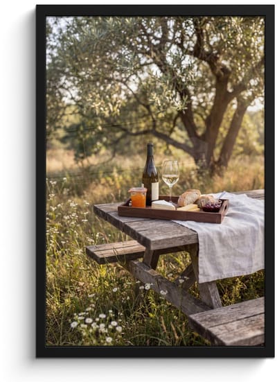 Poster in lijst - Fotolijst 40x60 cm - Posters - Picknick - Wijn - Kaasplankje - Posterlijst zwart - Decoratie - Wanddecoratie woonkamer - Muurdecoratie slaapkamer