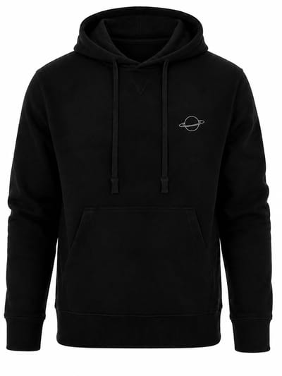 Hoodie Heren – Zwarte Streetwear Trui met Capuchon – Katoen – Minimalistische Planeet Print – S