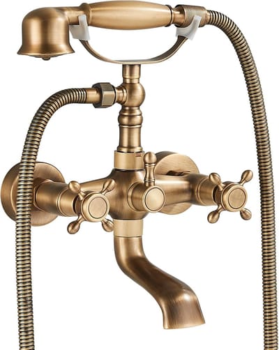 Retro Messing Badkraan Met Koud En Warm Water Wandgemonteerde Bad Douchekraan Dubbele Handgreep Badkraan Set Met Draaibare Baduitloop, Handdouche