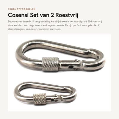 Dailygoods- Karabijnhaak M11 - Roestvrij Staal - Vergrendeling - Sleutelhanger - Kamperen - Wandelen - Dubbele Bescherming - 2 Stuks - Haak