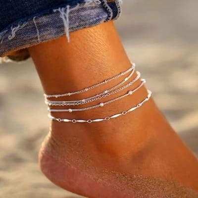 4 stuks Boho strand enkelbandjes met zilveren kralen, enkelarmbandjes, zomerse voetaccessoires, sieraden voor vrouwen en meisjes