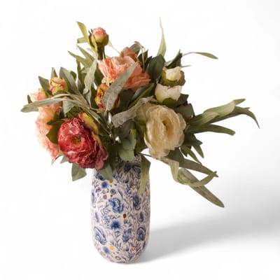 WinQ - Boeket Kunstbloemen Pioenroos Multicolor-incl. vaas-Gebonden boeket met eucalyptus-kunstbloemen