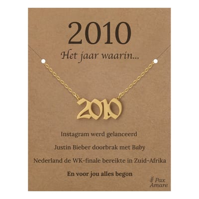 Jaartal 2010 Ketting op Cadeau Kaartje - Goudkleurig Stainless Steel - 45cm - Met informatie over geboortejaar - Pax Amare