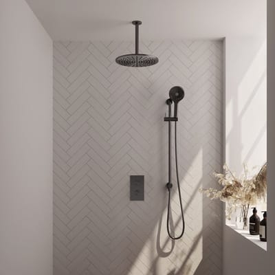 BRAUER Gunmetal Edition thermostatische inbouw regendouche 3-weg omstelling SET 48 met 30 cm douchekop en plafondarm en 3-standen handdouche en doucheslang en geïntegreerde glijstang gunmetal geborsteld PVD