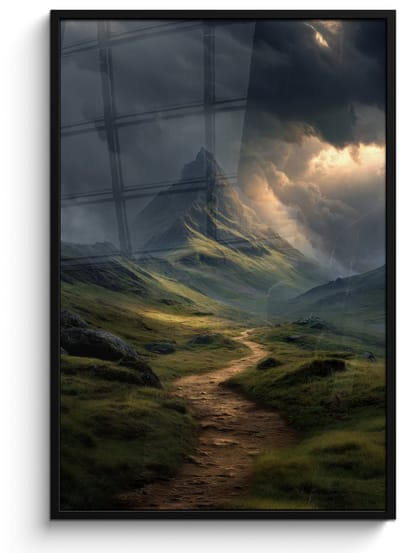 Poster in lijst - Fotolijst 80x120 cm - Posters - Bergen - Kronkelpad - Groen - Wolken - Posterlijst zwart - Decoratie - Wanddecoratie woonkamer - Muurdecoratie slaapkamer