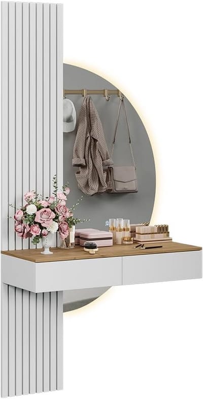 Kaptafel met spiegel - Cosmeticatafel Make-uptafel - Schoonheidsroutine - Geïntegreerde LED-verlichting - 100 x 205 x 40 cm - Wit/eiken