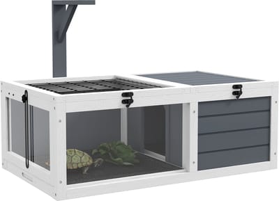 Huis voor kleine dieren schildpad met 2 ruimtes, lamphouder 2 schuifladen, 81 x 48 x 31,5 cm, massief hout, grijs | Kooi voor kleine dieren, 2 ruimtes, 2 schuifladen, massief hout