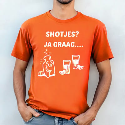 Oranje T-shirt- Shotjes Ja graag maat S- Koningsdag T-shirt- Heren Shirt oranje. WK T-shirt- EK T-shirt- WK voetbal shirt- EK voetbal shirt