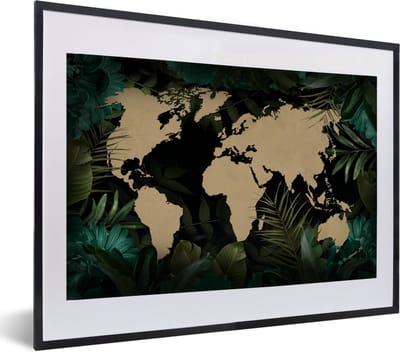 Poster in lijst - Fotolijst 60x40 cm - Posters - Wereldkaart - Zwart - Planten - Posterlijst zwart - Decoratie - Wanddecoratie woonkamer - Muurdecoratie slaapkamer