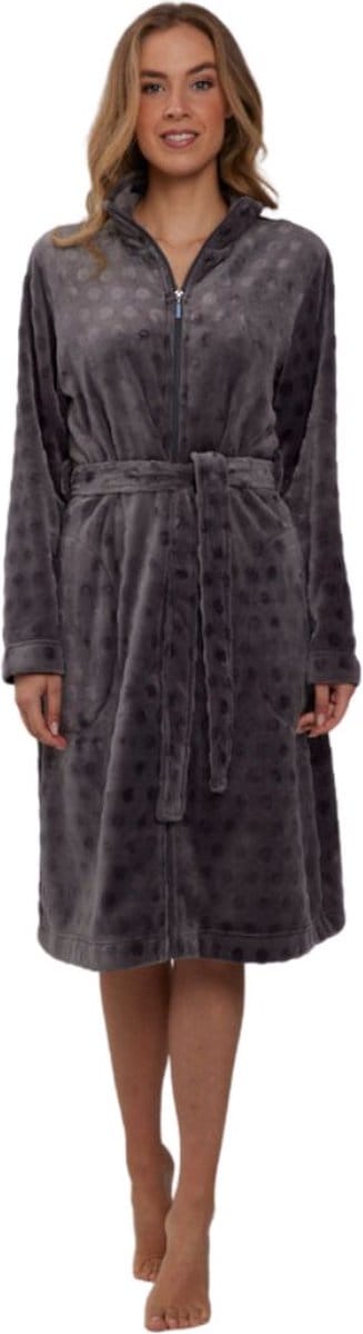 Dames badjas met rits - donkergrijs - fleece - zacht & warm - ritssluiting badjas dames - luxe ochtendjas -stippen reliëf - maat S (36-38)