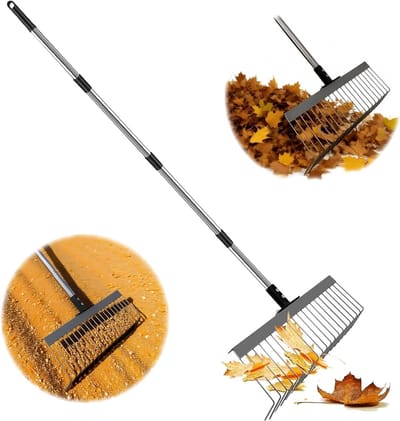 Verstelbare bladhark met ergonomische telescoopsteel en 21 metalen tanden voor tuinonderhoud, gazon en bloembedden