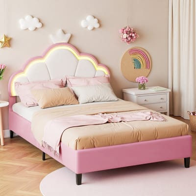 Kinderbed 140x200 cm Roze Kroon Design met LED Dubbelbed voor Kinderkamer of Jeugdkamer