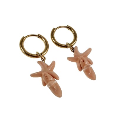 Dames Oorringen met Perzikkleur Natuursteen Hanger RVS Verguld, Lengte 35mm - ∅14mm x 2mm - Handgemaakt esde2
