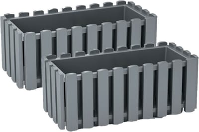 Prosperplast Plantenbak/bloembak Fence look - 2x - kunststof - steengrijs - 38 x 18 x 16 cm