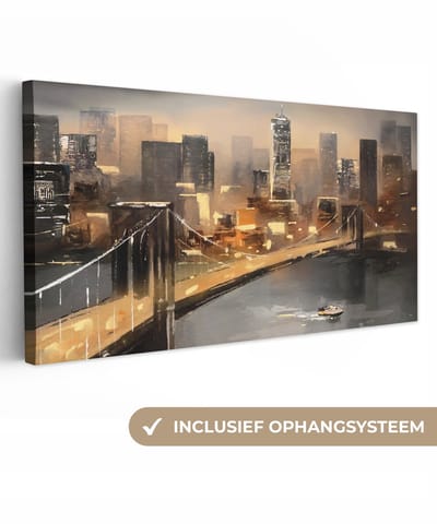 Canvas schilderij 40x20 cm - Wanddecoratie Schilderij - Skyline - Brug - Architectuur - Olieverf - Muurdecoratie woonkamer - Slaapkamer decoratie - Kamer accessoires - Schilderijen op canvas