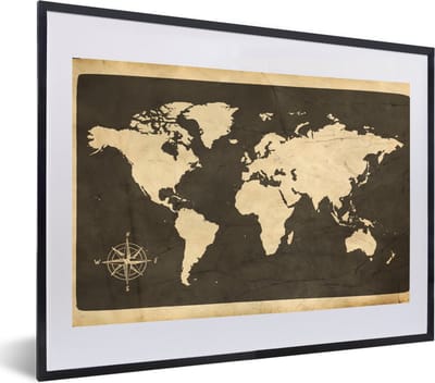 Poster in lijst - Fotolijst 60x40 cm - Posters - Wereldkaart - Kompasroos - Vintage - Posterlijst zwart - Decoratie - Wanddecoratie woonkamer - Muurdecoratie slaapkamer