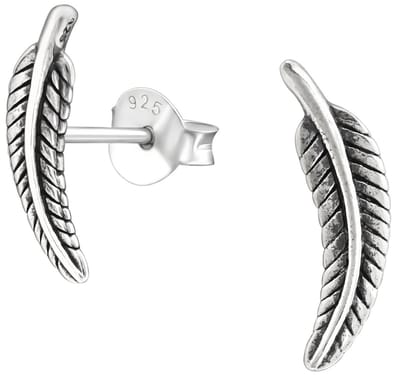 Joy|S - Zilveren veer oorbellen - 4 x 13 mm - geoxideerd - oorknoppen
