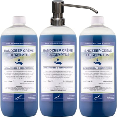 Handzeep Crème Eucalyptus 1 liter - set van 3 stuks - met gratis RVS zilverkleurige pomp - Voordeelverpakking