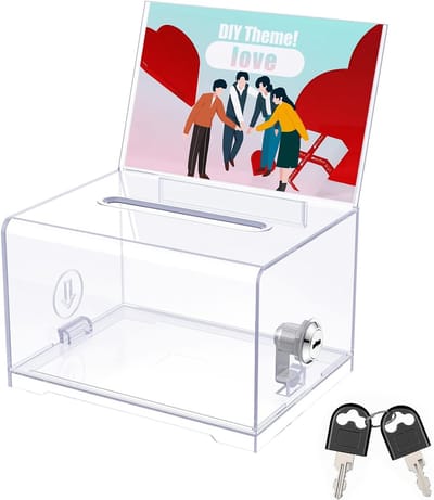 Donatiebox - Transparante donatiebox - Met slot en bordhouder - Kan gebruikt worden voor fondsenwerving, stemmen en loterijen; kan ook als spaarpot gebruikt worden - 15*22,6*10 cm