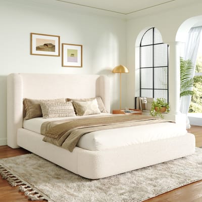 MODENUIT Gestoffeerd bed 160x200 cm – Hydraulische opbergruimte – Lattenbodem – Hoofdbord in bouclé – Zonder matras – Beige