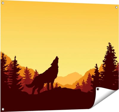 Gards Tuinposter Silhouet van een Wolf in het Bos - Abstract - 100x80 cm - Tuindoek - Tuindecoratie - Wanddecoratie buiten - Tuinschilderij