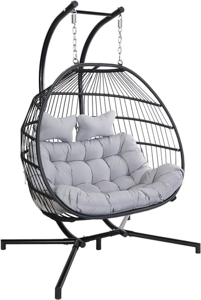 Ogarden Hangstoel Alta - 2 Persoons Hangstoel met Zwart Standaard - Grijs Kussen - Opvouwbare Basket - Voor Binnen & Buiten