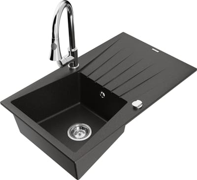Mexen Cesar granieten spoelbak 1-koer met afdruiprek en keukenmengkraan Elia, zwart/goud metallic - 6514-75-670101-00