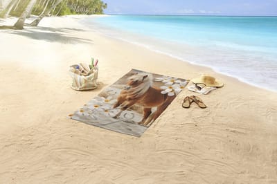 Strandlaken voor Kinderen 75x150 cm - Paarden en Bloemen Print - Zandkleur - Good Morning - Oeko-Tex Gecertificeerd