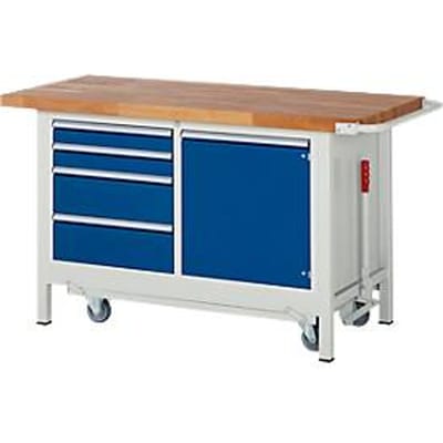 Werkbank serie 8470, neerlaatbaar, verrijdbaar, 4 schuiflades en legbord, B 1500 x D 700 x H 880 mm