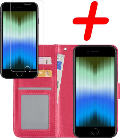 Hoesje Met Screenprotector - Geschikt voor Apple iPhone SE (2022) - Luxe Pasjeshouder - Bookcase Portemonee - Flip Case - Kunstleer Book Case - Flipcase - Book Cover - Walletcase - Portemonneehoes - Donkerroze