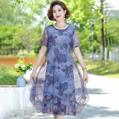 Chiffon Mesh Jurk Bedrukt Medium Lengte Grote Maat Losse Casual Zomer Dunne Dames Ronde Hals Korte Mouw Temperament Jurk 4XL blauw