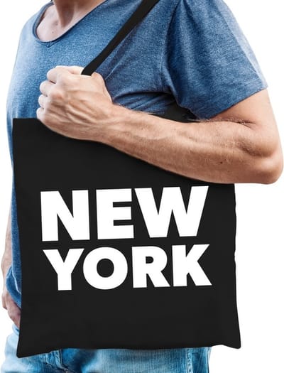 Katoenen USA/wereldstad tasje New York zwart - 10 liter - steden cadeautas