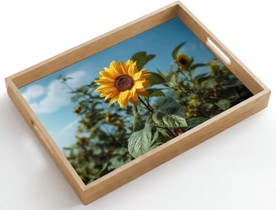 Dienblad hout 50x35 cm - Schootdienblad - Zonnebloemen - Helderblauwer lucht - Gras - Borrelplank rechthoek - Plateau dienbladen