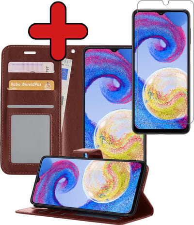 Hoesje - Met Screenprotector - Geschikt voor Samsung Galaxy A04s - Luxe Pasjeshouder - Flipcase - Bookcase Portemonee - Flip Case - Kunstleer Book Case - Book Cover - Walletcase - Portemonneehoes - Telefoonhoes - Bruin