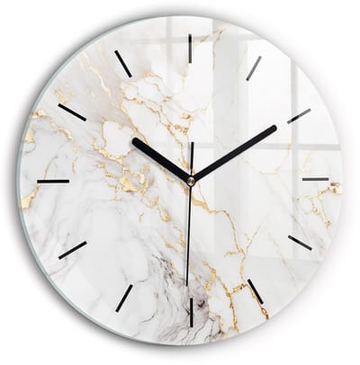 Wallfluent Wandklok - Decoratief marmer Decoratieve Wandklok - 30 cm x 30 cm - Wit Wandklok - Zwarte Handen - Wandklok Zonder Cijfers - Wandklok Glas Woonkamer - Ronde Glazen Klok - Industrieel Wandklok - Stijlvolle Klok