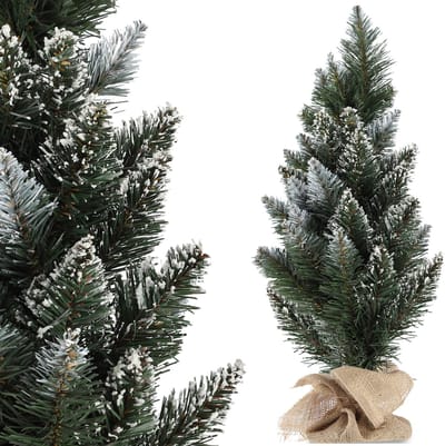 KADAX Kleine kunstkerstboom 60 cm, decoratieve dennenboom, met sneeuw bedekte grenen van PVC plastic, kerstboom, incl. standaard en jute zak (Anna 60 cm)