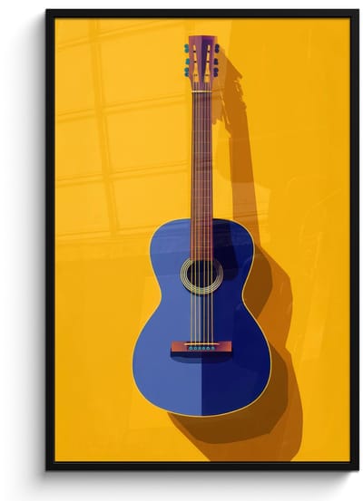 Poster in lijst - Fotolijst 80x120 cm - Posters - Gitaar - Akoestisch - Minimalistisch - Geel - Posterlijst zwart - Decoratie - Wanddecoratie woonkamer - Muurdecoratie slaapkamer - Kerstversiering - Kerstdecoratie voor binnen - Kerstmis