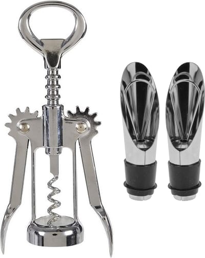 Hevel kurkentrekker/flessenopener rvs met 2x afsluit/schenk doppen