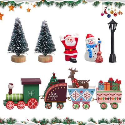 7-delige Kerstaccessoires voor Gnoom Decoratie, Inclusief Houten Kersttrein en Mini Figuren voor Tafeldecoratie