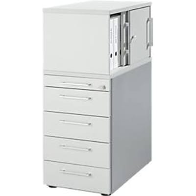 Schäfer Shop Genius Hoog ladeblok met opzetkast met schuifdeuren, afsluitbaar, B 435 x D 800 x H 1092 mm, met vierkante handgreep, lichtgrijs/blank aluminium