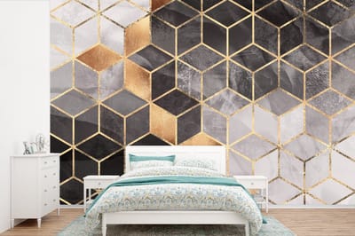 Behang - Fotobehang Abstract - Kubus - Goud - Patronen - Zwart - Wit - Breedte 450 cm x hoogte 300 cm