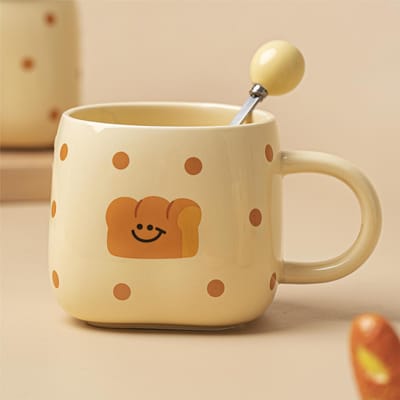 420ml Keramische Koffiekop Huishouden Broodpatroon Handvat Mok Havermout Ontbijt Melkkop Met Lepel Vrienden Kerstcadeau 420ml beige