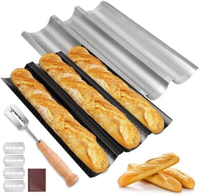 Ibenzoa® Set van twee bakvormen voor drie knapperige baguettes met bakkersmes