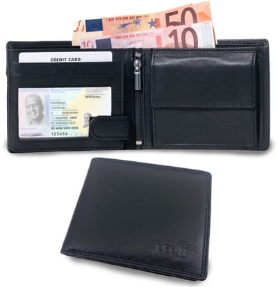LeonDesign - Portemonnee Heren - Billfold - Cadeau - Luxe Zwart Leder - Portefeuille - Geschikt voor 10 Pasjes - 2 Biljetvakken