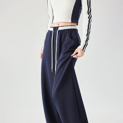 Pantalon ample à blocs de couleurs pour femmes au printemps, pantalon ample taille haute à lacets, pantalon de sport décontracté à jambes droites XL bleu marine