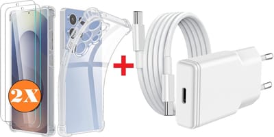 USB C Adapter oplader - USB C Snellader 20W Met 1m Kabel - Hoesje Geschikt voor Samsung Galaxy S25 Ultra hoesje transparant Anti Shock silicone met 2x screenprotector- Ntech COMBI-SET