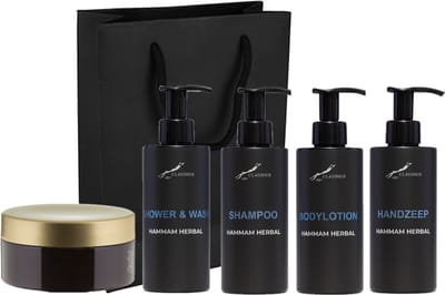 Compleet pakket Hammam Herbal - Shower & Wash + Shampoo + Bodylotion + Handzeep + Scrubzout 300 gram - 300 ml per fles - complete set van 5 stuks - met luxe gift tas - cadeau - giftset voor hem en haar