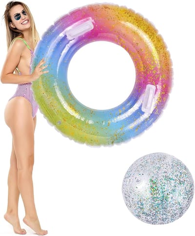Thijox - Opblaasbare Zwemring voor Volwassenen met Pailletten en Handgreep - 90CM + 40CM - Duurzame PVC Drijvende Ring voor Zwembad, Strand en Feesten