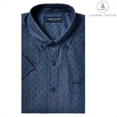 Chris Cayne overhemd - korte mouwen - M - blauw/lichtblauw/pompoen - borstzak - digitale print - Katoen - button down kraag